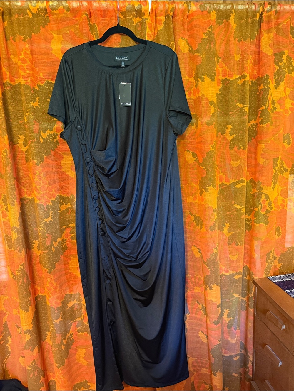 NWT Eloquii Black Short-Sleeve Draped Button-Detail Maxi Dress
